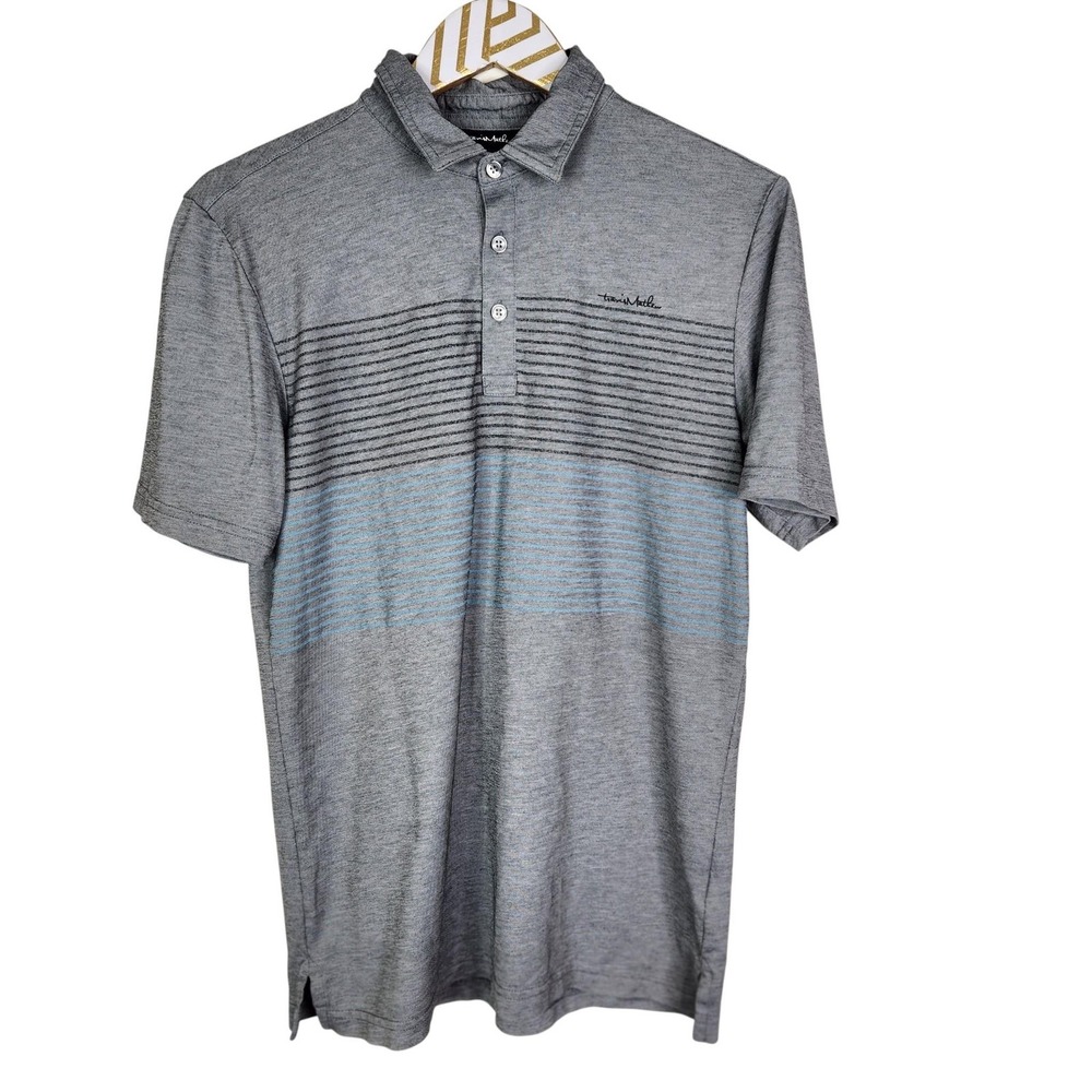 TRAVIS MATHEW Polo Shirt Mens Small Gray Stripe Stretch Golf Performance